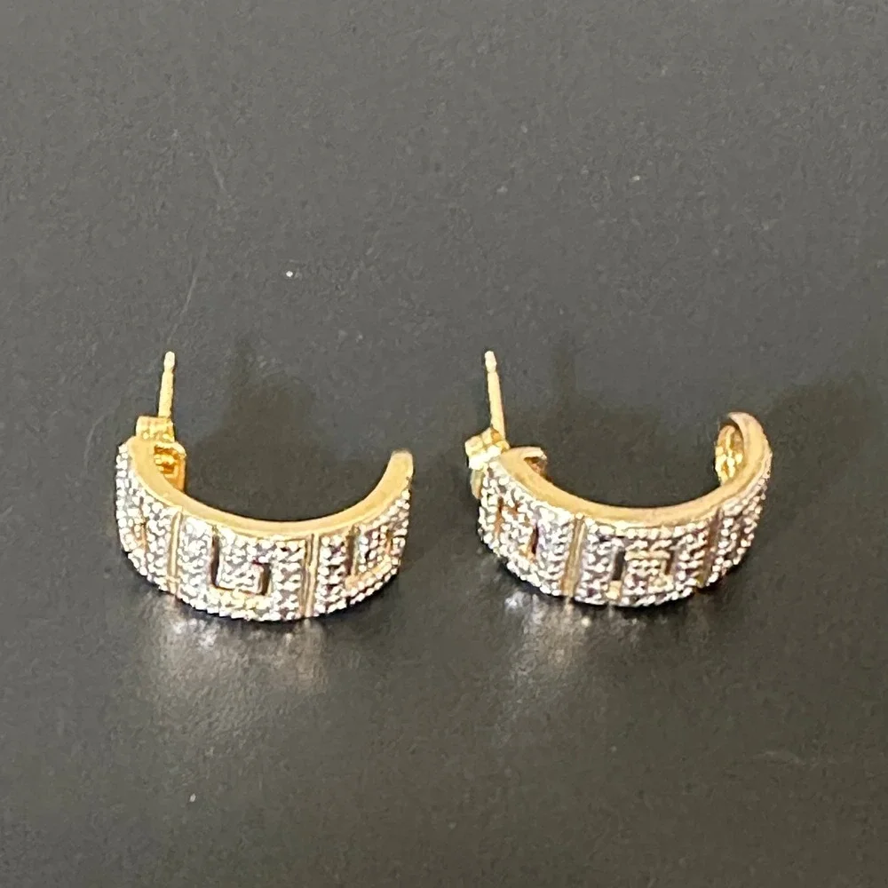 925 Gold Tone Greek Key Pavé Crystal J-Hoop Earrings Geometric Meander Half Hoop